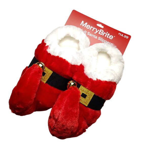 MerryBrite Adult Size M (7-8) Red Plush Santa Slippers With Jingle Bells Holiday - Picture 1 of 6